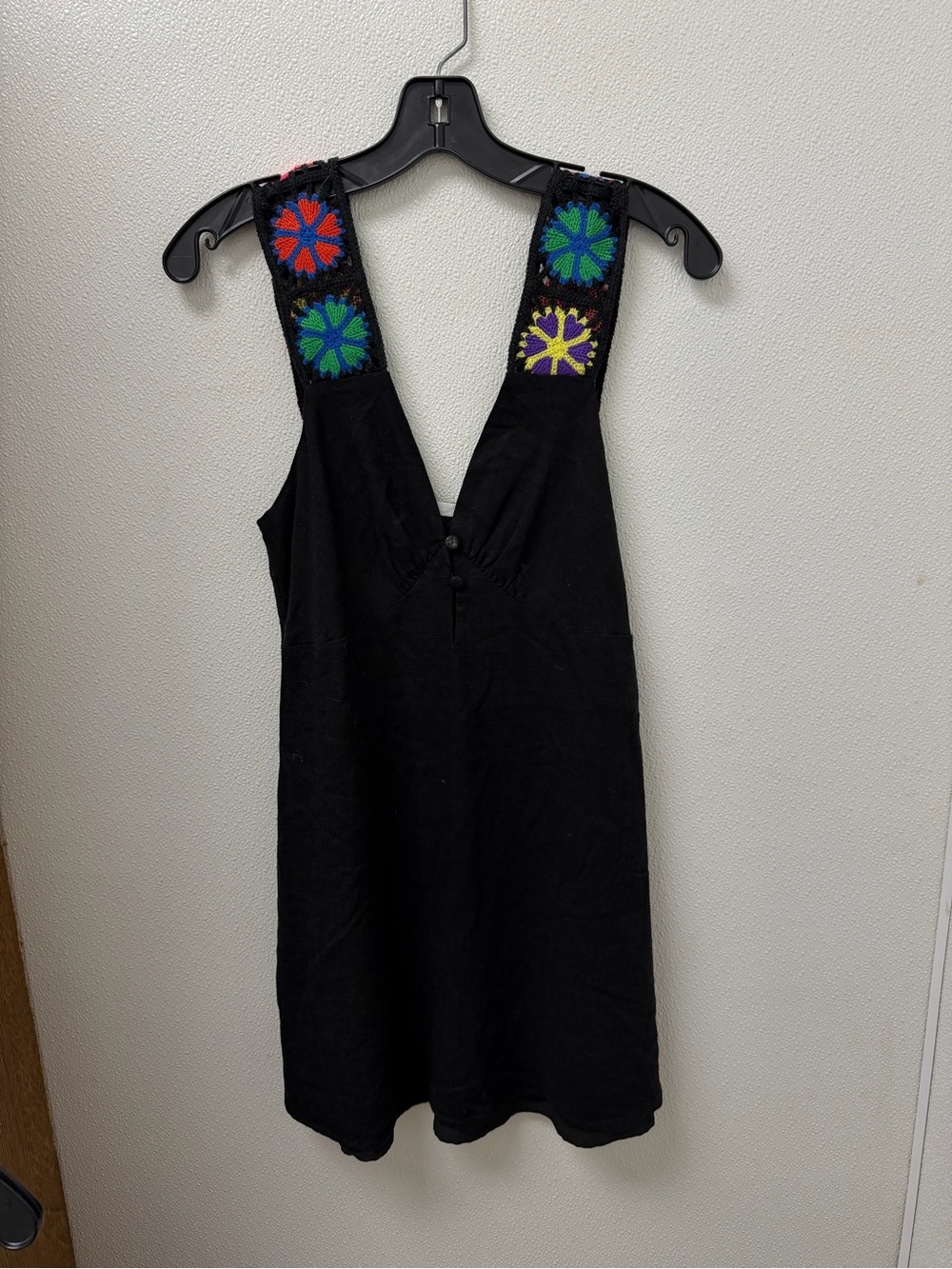 vestique Black Mini Dress with Colorful Embroidered Straps